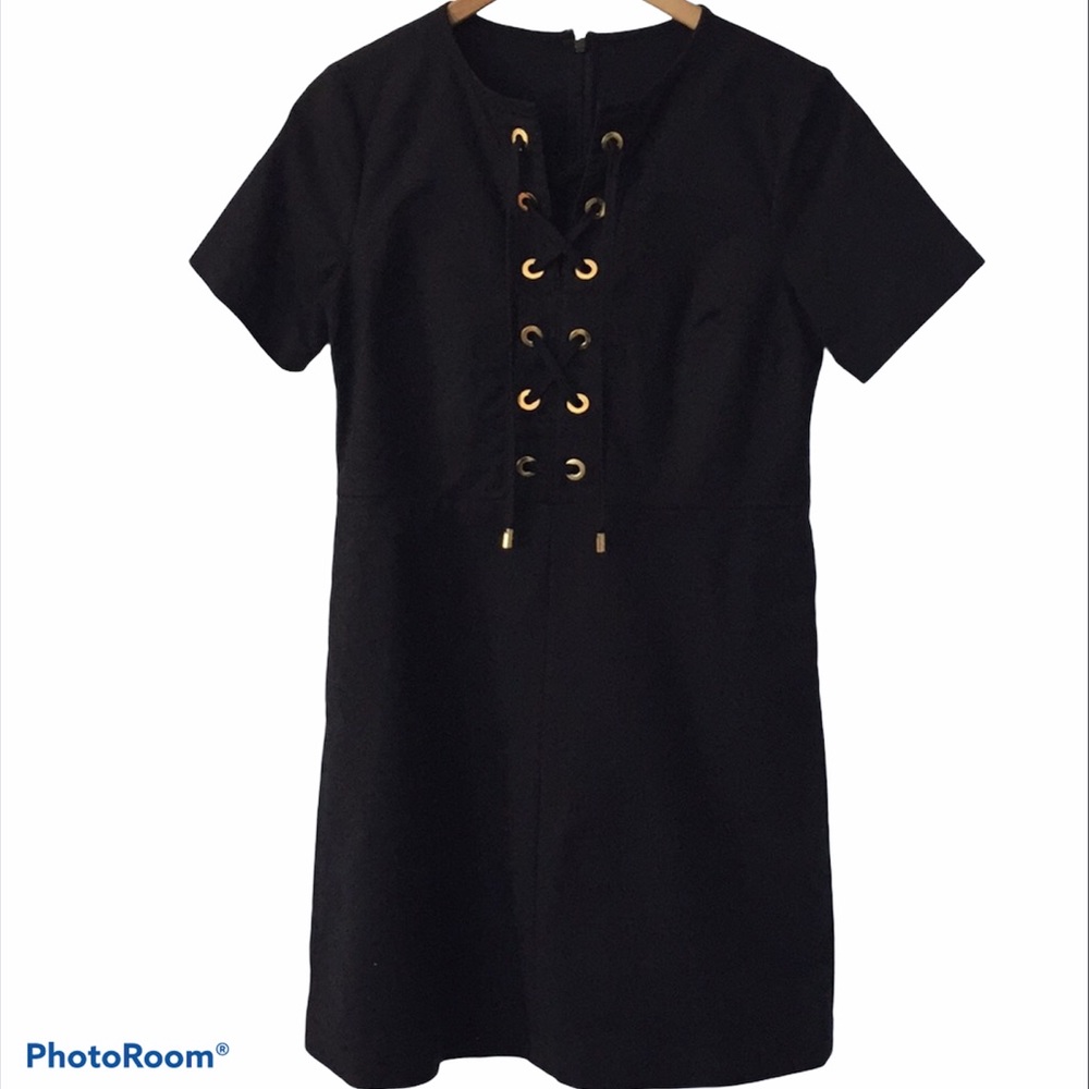 Michael Kors Black Mini Dress with Gold Eyelet Lace-Up
